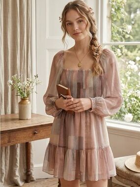 ✨ Wilfred Tempest Whimsy Mini Dress - Smocked Blush Patchwork ✨ Size Medium